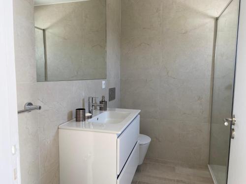 een badkamer met een witte wastafel en een spiegel bij Apartamento na Vila Senhora da Rocha in Porches