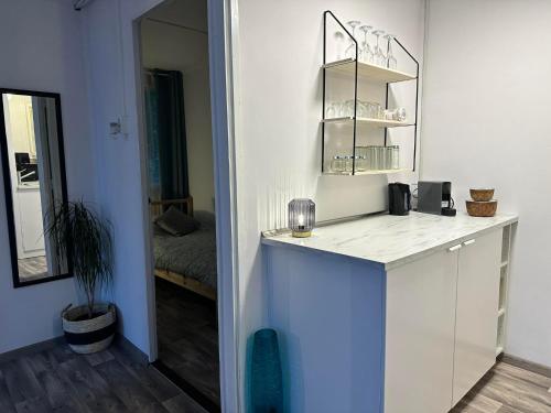 a kitchen with a counter and a mirror in a room at Olívia Vendégház Orfű in Orfű