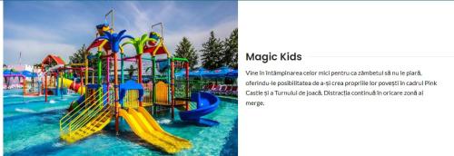 a collage of two pictures of a water park at Bliss Inn Tunari in Tunari