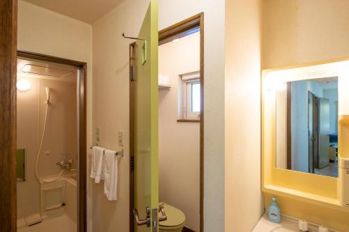 a bathroom with a sink and a toilet and a mirror at Asuka Value Apartments in Kutchan