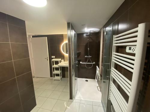 bagno con cabina doccia e lavandino di Gîte de l'Eau Vive a Saint-Martin-dʼUriage