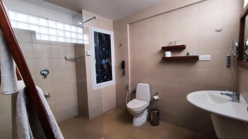La salle de bains est pourvue de toilettes et d'un lavabo. dans l'établissement The Killians Boutique Hotel, à Cochin