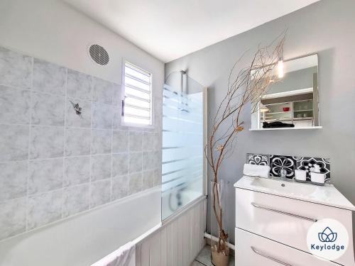 a bathroom with a shower and a sink at Dodo blanc - T2 de 54 m² à la Saline-les-Bains in La Saline les Bains
