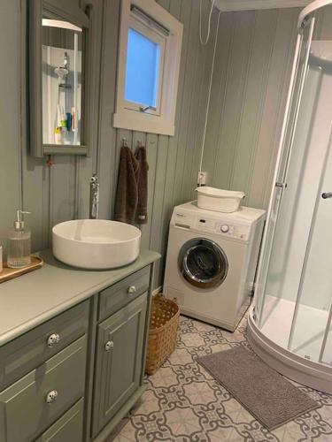 a bathroom with a washing machine and a sink at Fantastisk sjøhytte, 10 sengeplasser, strand og egen brygge in Fredrikstad