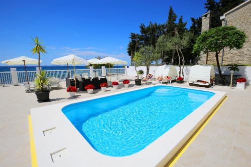a swimming pool with the ocean in the background at Villa Triana-Adults Only in Zadar