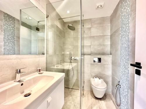 uma casa de banho com um lavatório, um chuveiro e um WC. em A12 stylish and modern 2bds in La Marsa em La Marsa