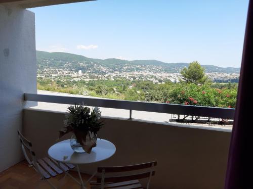 a table and chairs on a balcony with a view at Logis Hotel Le Col De L'ange in Draguignan