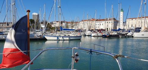 una barca è ormeggiata in un porto con molte barche di Nuits au Port - Grand voilier à quai au vieux port a La Rochelle