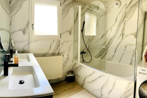 Un baño blanco con lavabo y ducha. en Maison Flore, en Besançon
