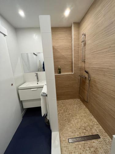 La petite salle de bains est pourvue d'une douche et d'un lavabo. dans l'établissement CassisCentre-pour famille-piscine plage - 4pers, à Cassis