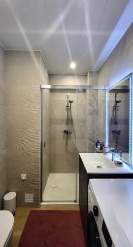 a bathroom with a shower and a sink and a toilet at Adorable petit appartement avec magnifique vue sur le port de Canet in Canet-en-Roussillon