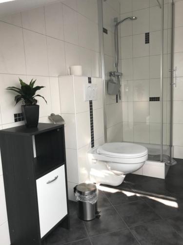 uma casa de banho com um WC e uma cabina de duche em vidro. em Gasthof zur Post Hotel - Restaurant em Breckerfeld