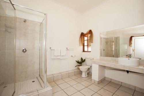 y baño con ducha, lavabo y aseo. en Touraco Guesthouse en Pretoria