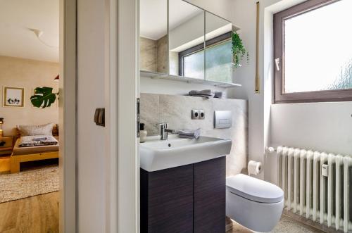 een badkamer met een wastafel en een toilet bij Lina in Uhldingen-Mühlhofen