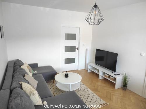uma sala de estar com um sofá e uma televisão em Dobré místo em Loučná nad Desnou