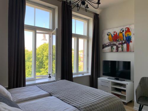 a bedroom with a bed and a tv and windows at Orange Apartments Mere in Tallinn