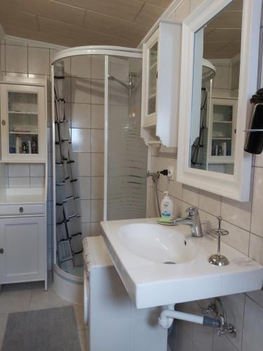 a white bathroom with a sink and a shower at Ferienhaus Eisenberg in Vaskeresztes