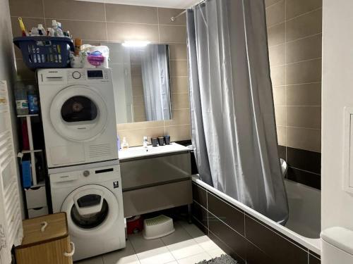 La salle de bains est pourvue d'un lave-linge et d'un lavabo. dans l'établissement Appartement familial 3 chambres 15min PARIS metro, à Bois-Colombes