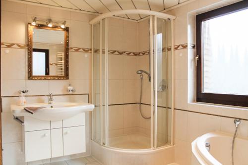 a bathroom with a shower and a sink and a mirror at Friendly Home - Klinkerhof in Bornheim