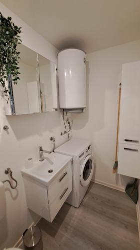 y baño con lavadora y lavamanos. en Premium mobile home Maslina - Oaza mira, en Drage