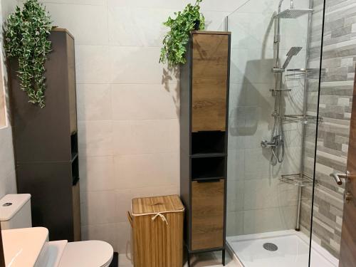 a bathroom with a shower and a toilet with two plants at Caris Gem in Birżebbuġa