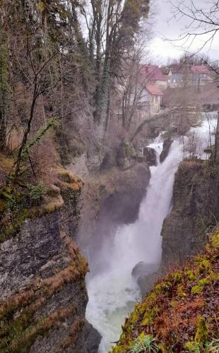 a river flowing down a hill next to a waterfall at Ecolodge, bain nordique, petit dejeuner in Fort-du-Plasne