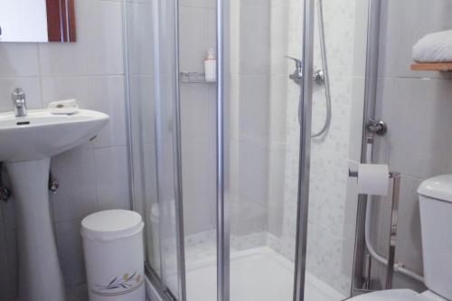 a bathroom with a shower and a toilet and a sink at Vale a Pena - Alojamento Local in Trancoso