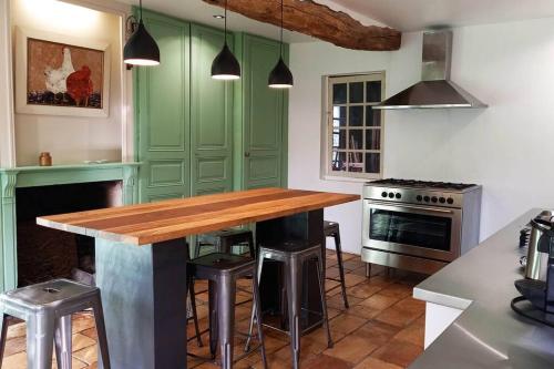 une cuisine avec des placards verts et un comptoir en bois dans l'établissement Le clos de Silleron, à Angiens