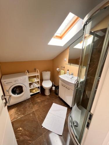 a bathroom with a toilet a sink and a washing machine at Apartment Antonia in Vrboska