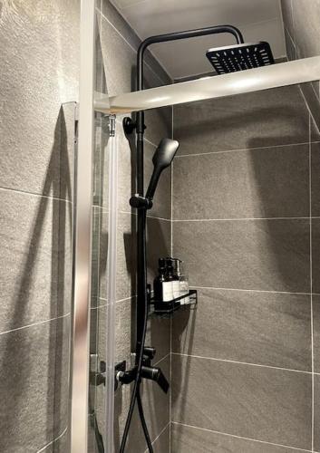 une douche avec pommeau de douche dans une salle de bain dans l'établissement La Suite Massyl - Hypercentre & Proche Plage, à Dieppe