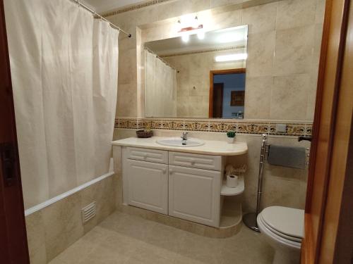ein Badezimmer mit einem Waschbecken, einem WC und einem Spiegel in der Unterkunft 2 Avenida Frente Mar - Casas & Papéis in Armação de Pêra