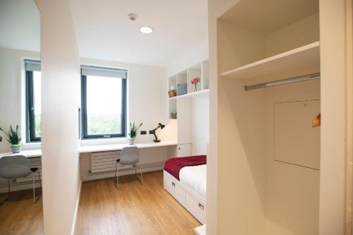 a bedroom with a bed and a desk at Goldcrest Village Rooms University of Galway in Galway