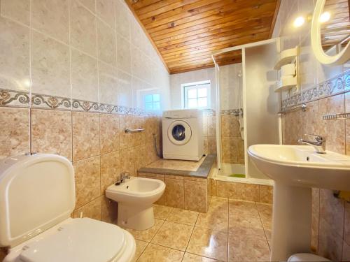 a bathroom with a toilet sink and a washing machine at Casa da Risca in Unhais da Serra