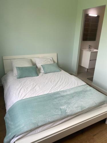 - un lit blanc avec 2 oreillers bleus dans l'établissement Chambre moderne 24h du Mans 10 min du circuit SDB privative, à Laigné-en-Belin
