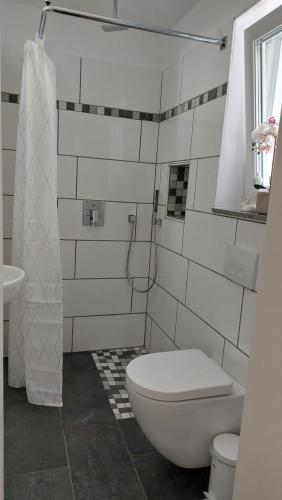 a white bathroom with a toilet and a shower at Kleine Wohnung in Bad Schwartau in Bad Schwartau