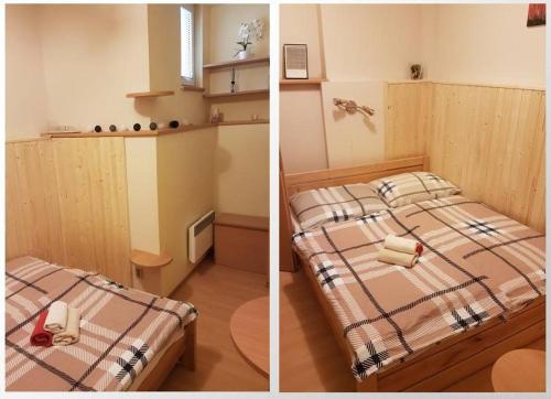 2 Bilder eines Schlafzimmers mit einem Bett in einem Zimmer in der Unterkunft Apartmán Tatran Donovaly in Donovaly