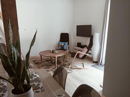 a living room with a table and a tv at Le hangar de mamie in Prisse-la-Charriere