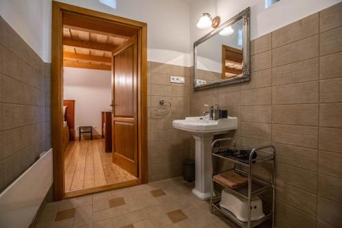 a bathroom with a sink and a mirror at Oszter Udvarház in Kékkút
