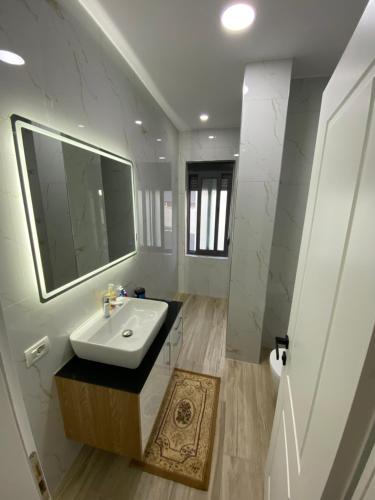 uma casa de banho branca com um lavatório e um espelho em Oniss Apartment em Golem