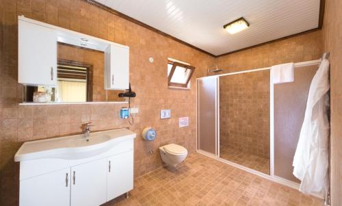 uma casa de banho com um chuveiro, um lavatório e um WC. em Zeytin Evi em Marmaris