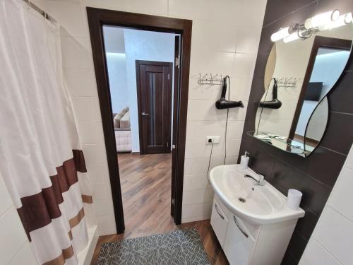 Cozy apartment on Belvedere في ايفانو - فرانكيفسك: حمام مع حوض ومرآة