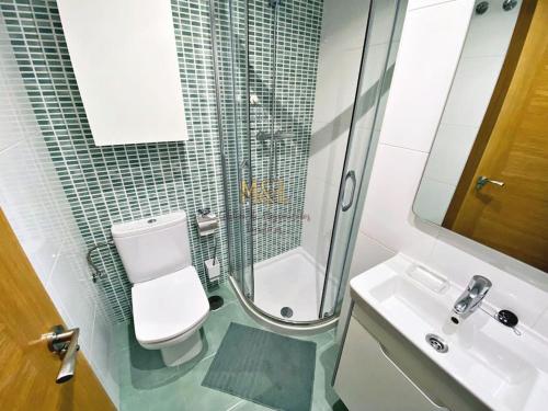 La salle de bains est pourvue de toilettes, d'une douche et d'un lavabo. dans l'établissement Viyago, à Oviedo