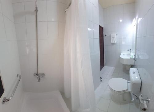 La salle de bains est pourvue de toilettes, d'une douche et d'un lavabo. dans l'établissement DANA HOTEL, à Charjah