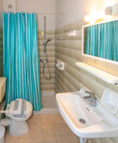 a bathroom with a sink and a toilet and a shower at Vassilis Paradise Garden Aparthotel in Agios Georgios Pagon