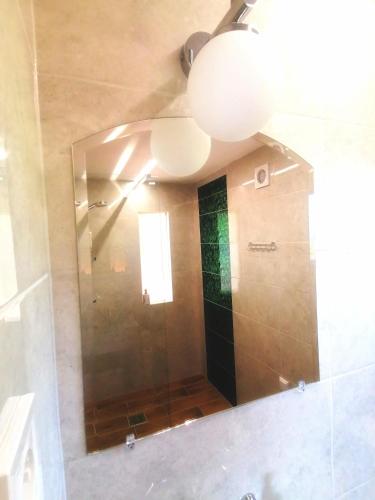 a bathroom with a shower with a large mirror at Barkóca és Szépkilátás Vendégház / Cabin in Kismaros