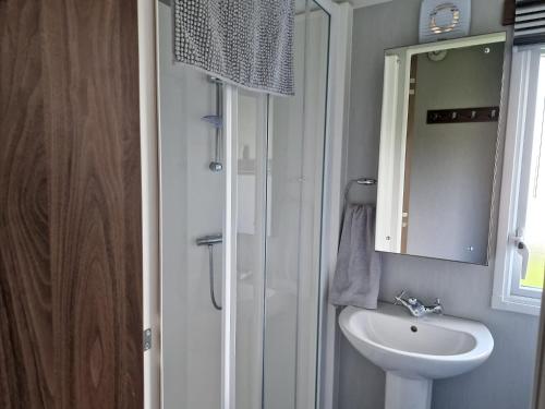 a bathroom with a sink and a mirror at The fleet retreat in Weymouth