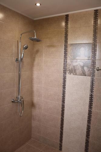 a shower with a glass door in a bathroom at SPA Guest House Valentina in Yagoda