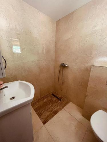 ein Bad mit einer Dusche, einem Waschbecken und einem WC in der Unterkunft Cozy Weekend House Zaid in Bihać