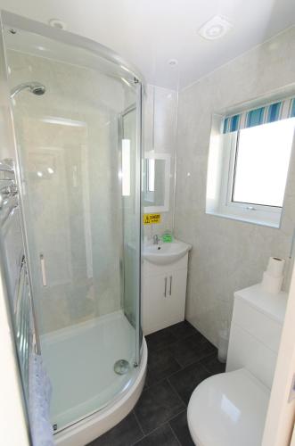 a bathroom with a shower and a toilet and a sink at Rockpool Cottage in Beadnell