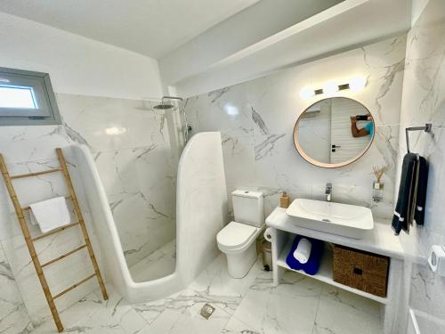 a bathroom with a toilet and a sink and a mirror at Santana Apartments in Perivolos